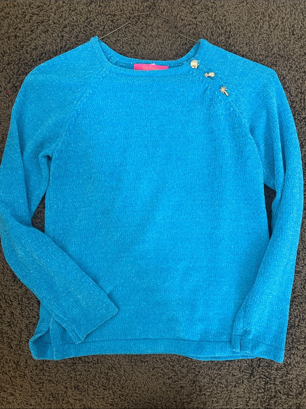 Lilly Pulitzer Turquoise Crewneck Sweater with Gold Accent Pins